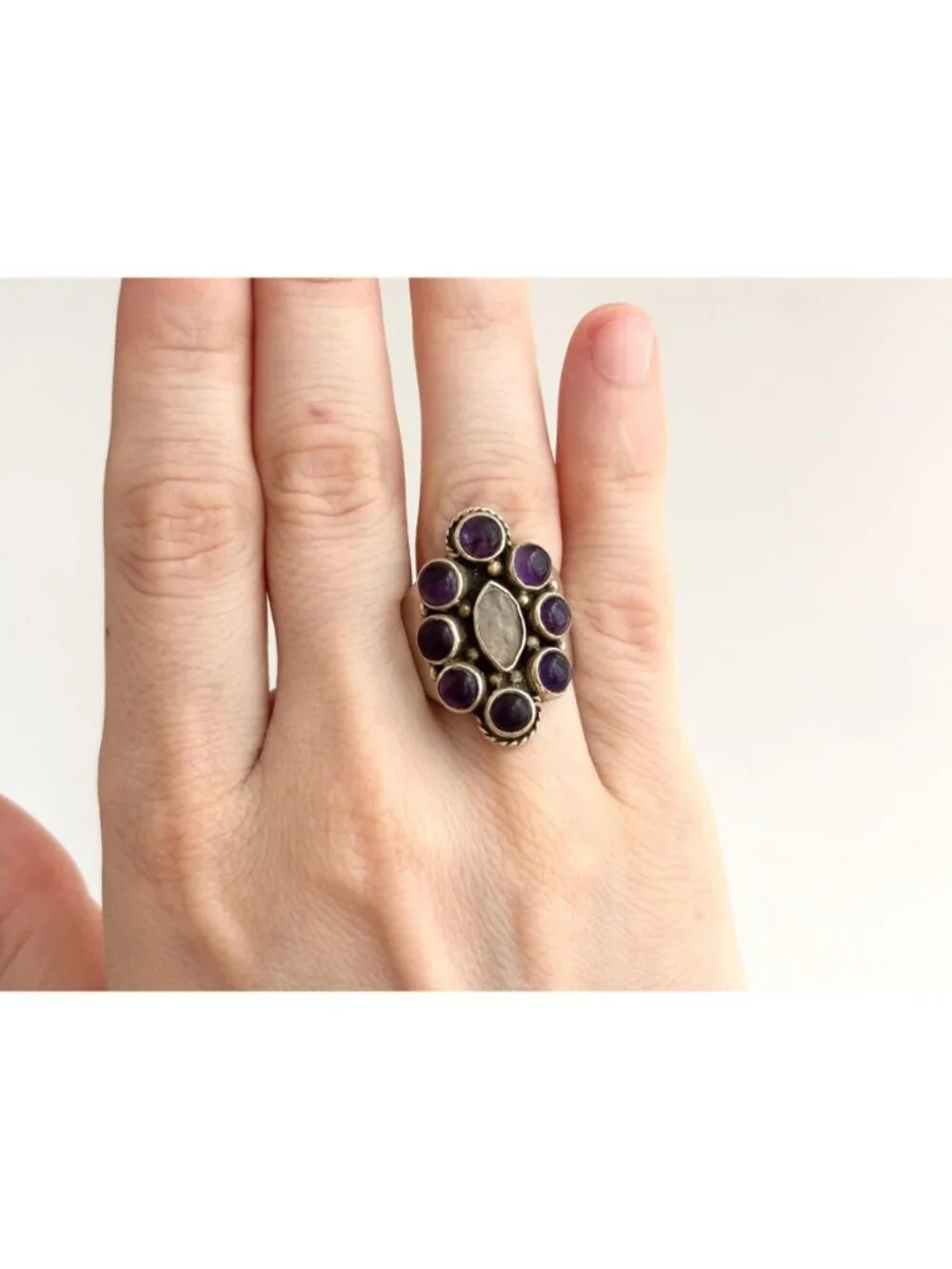 Amethyst Cabochon & Moonstone Art Deco Sterling Silver 925 Vintage Ring sz 6.75